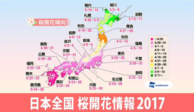 春旅前に必見！2017年日本全国桜開花予想