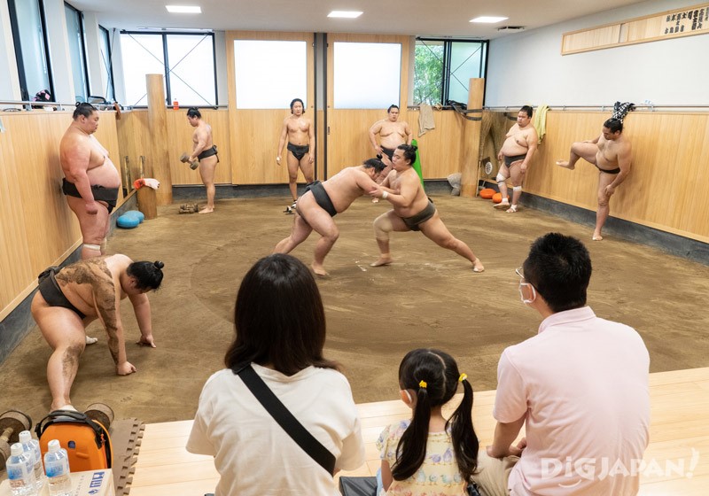 Sumo morning training at Azumazeki Beya, Katsushika